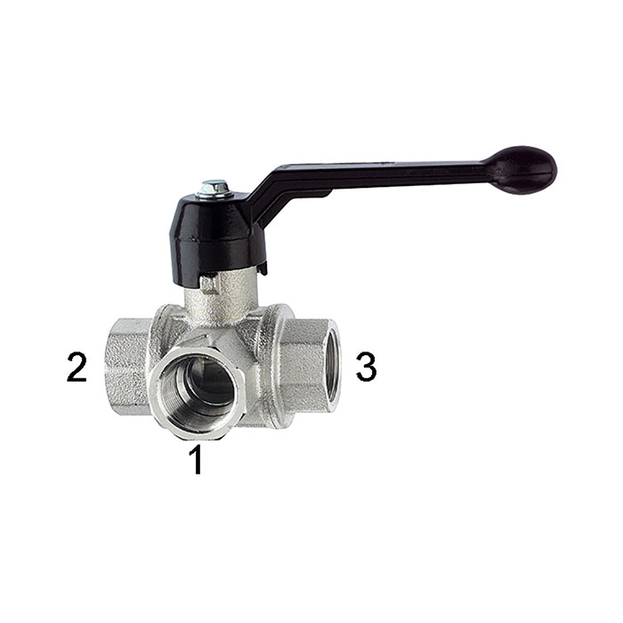 3-way ball valve, Standard, L-hole, nickel-plated brass, Rp 1/4