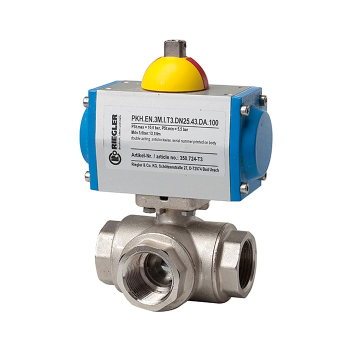 3-way brass ball valve, Pneumat. actuation drive, L-hole, Rp 1/2