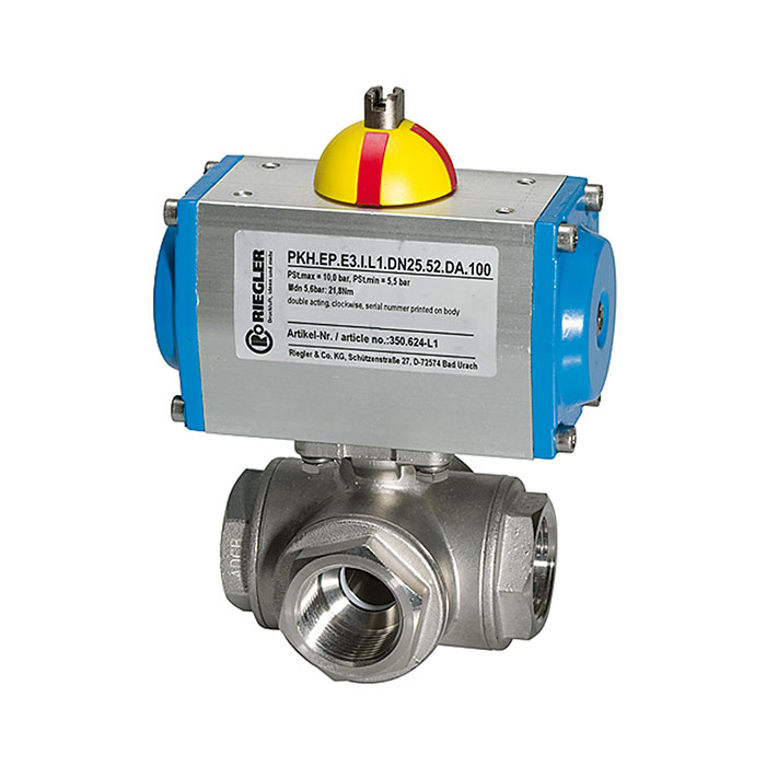 Stainless steel ball valve, Pneumat. actuation drive, T-hole T1