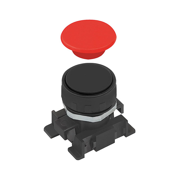 Push button with red and black discs, monostable