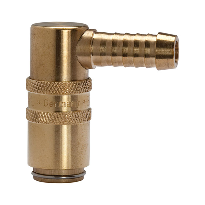 Tempered coupling DN 6, Taps 9 mm, Brass, Hose sleeve 90°