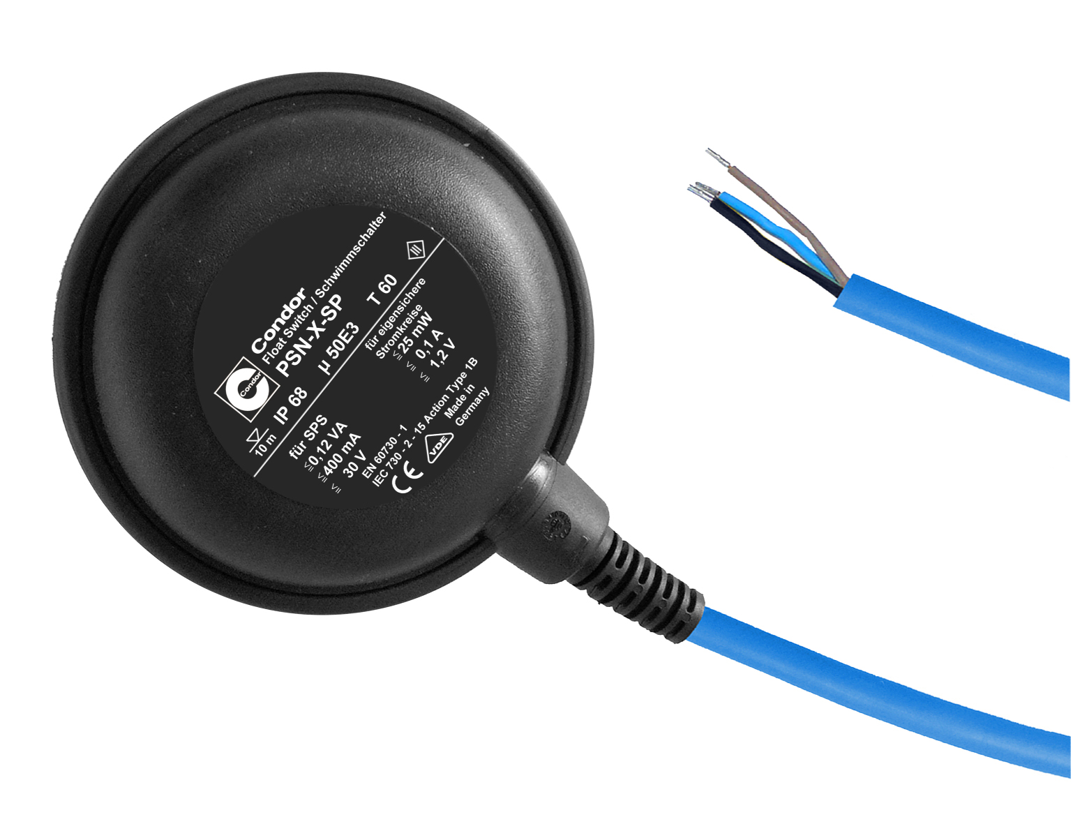 Condor Float switch PSN-X SP for filling and emptying, SPDT, cable length 20 m for intrinsically safe circuits